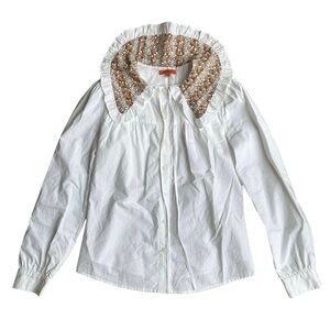 Maple Cliff White Button Down Brown Embroidered Eyelet Peter Pan Wide Collar XS